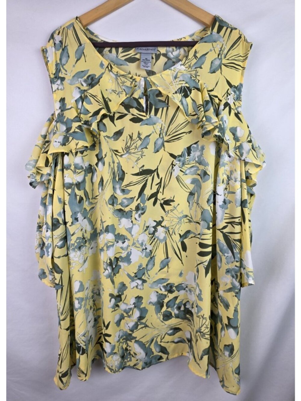 Catherines Womens Top Plus Size 3X Yellow Floral 3/4 Sleeve Open Shoulder Blouse